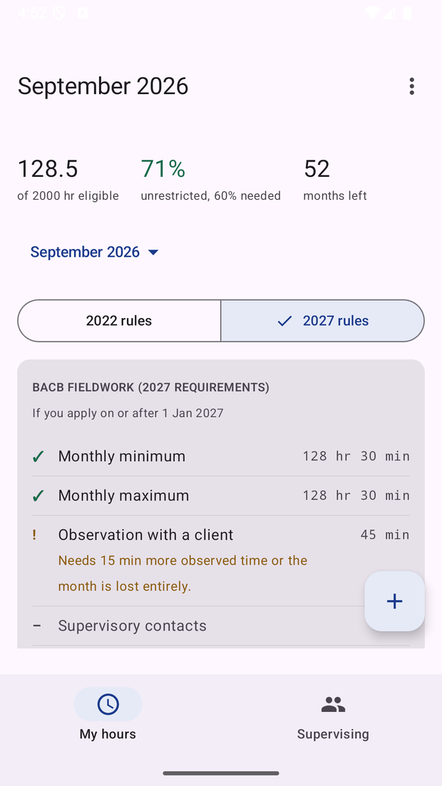 The SignedHours Android app showing the same September 2026 month, scored against the 2027 rules.