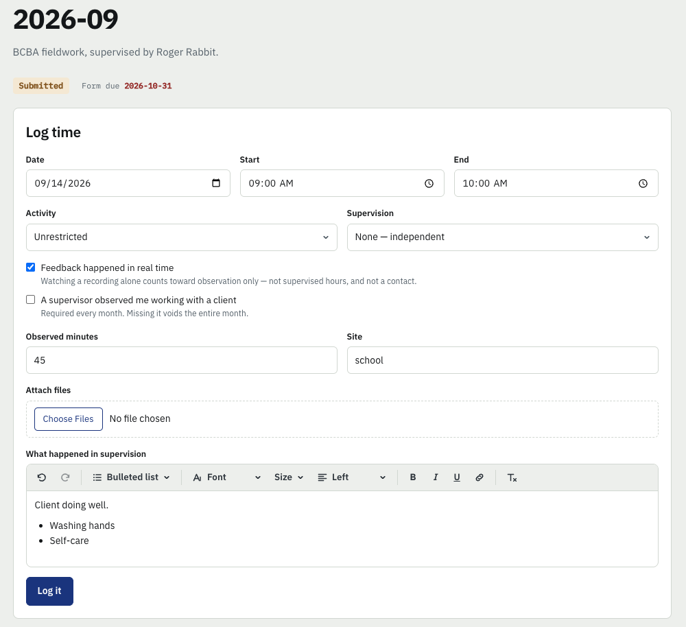 The Log time panel: date, start and end, activity, supervision, whether feedback happened in real time, whether a supervisor observed the session, observed minutes, site, a file attachment field, and a formatted box for what happened in supervision.
